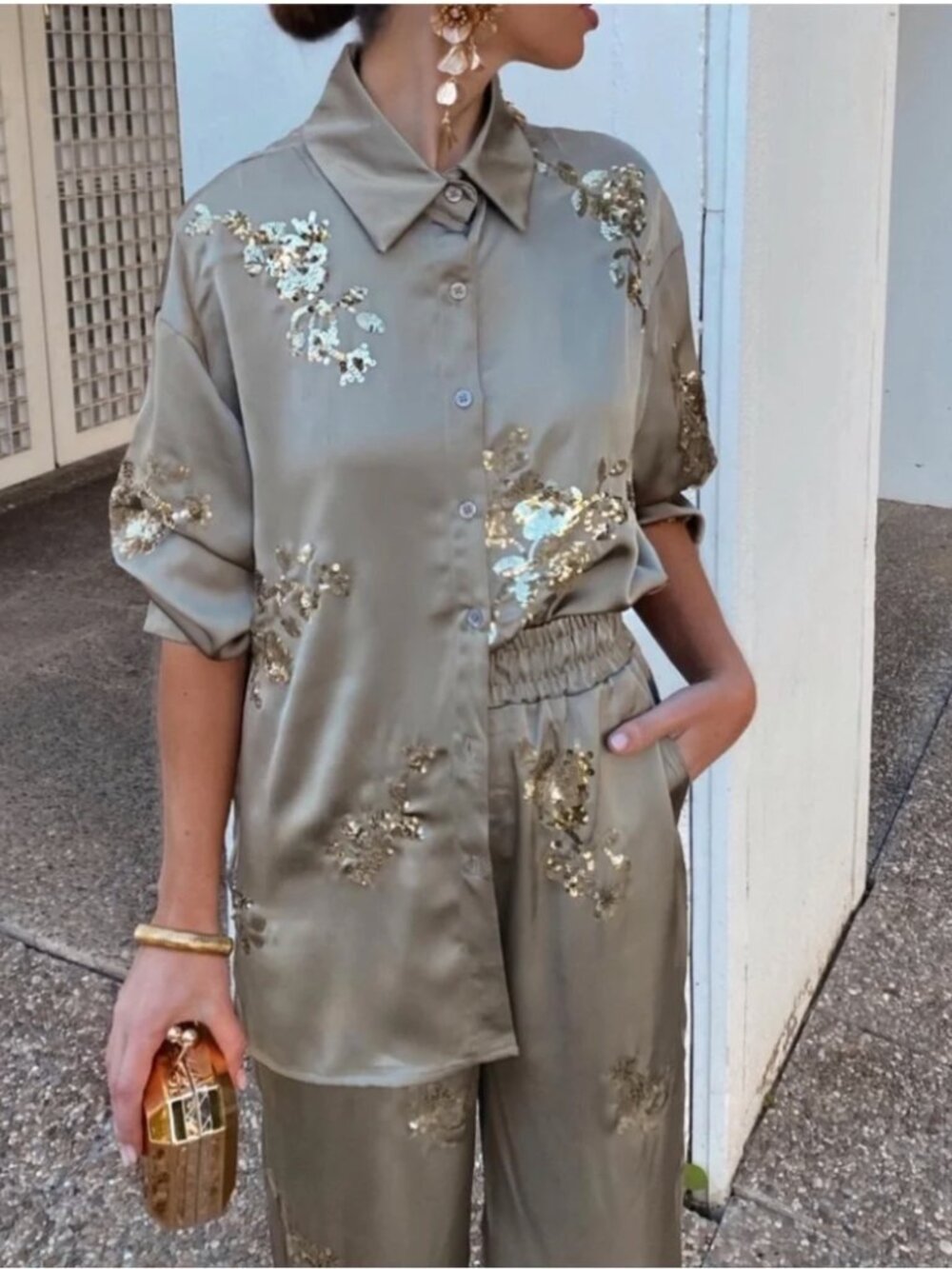 Zara NWT Sage Sequin Floral Shirt & Pants Set